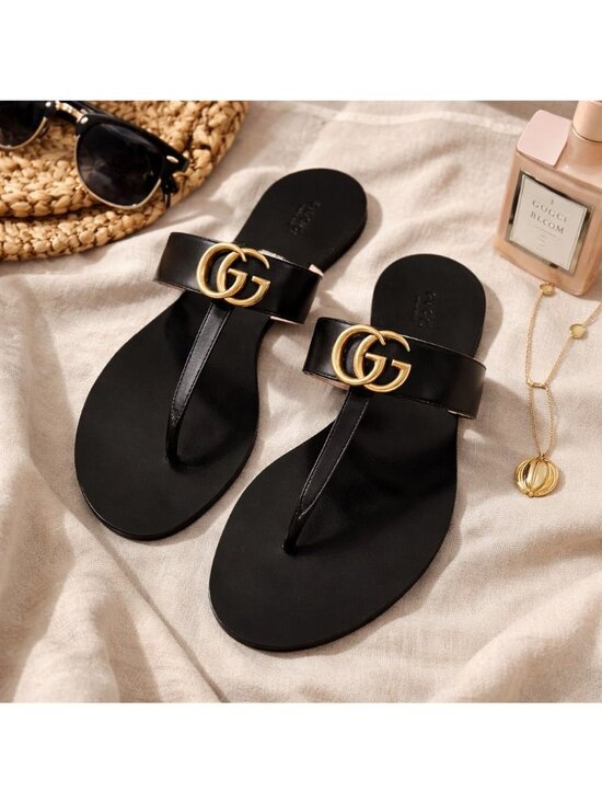 Gucci Shoes - Gucci Women's Sz 8.5 Authentic GG Marmont Black Leather Thong Sandals Luxury